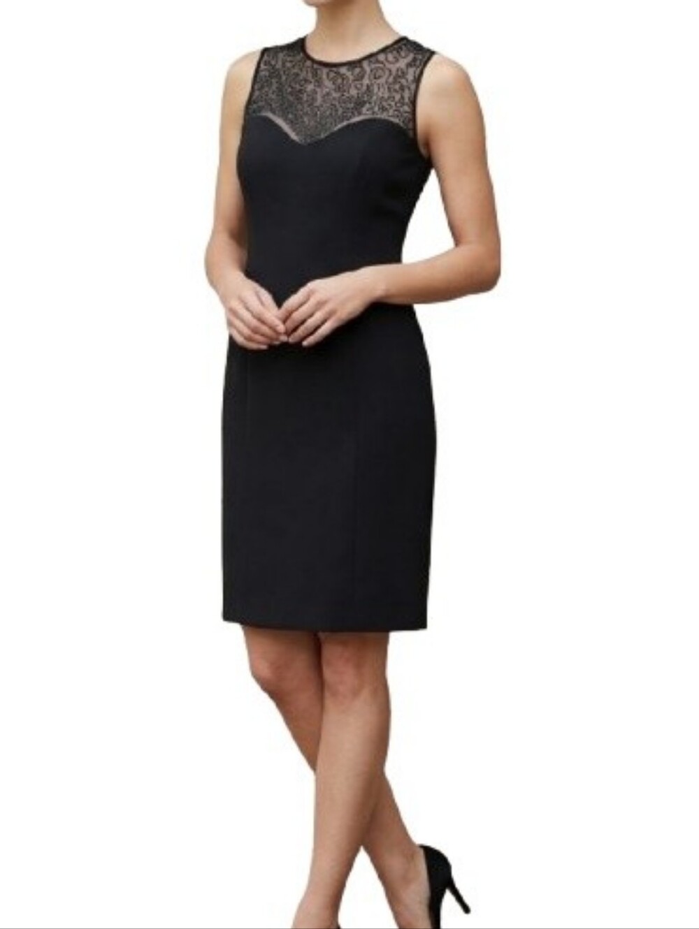 Jones New York Black Sheath Cocktail Dress Beaded Illusion Neckline Sleeveless